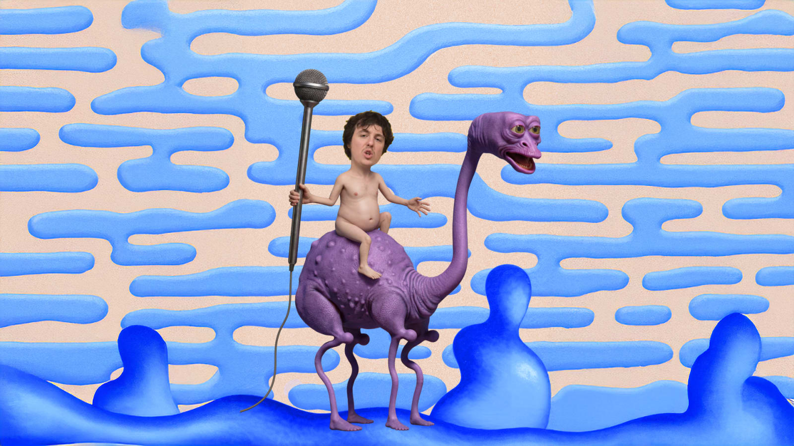 Surreal illustrated artwork showing a small figure riding a purple long-necked creature and holding a microphone stand against a peach background with wavy blue stripes.
