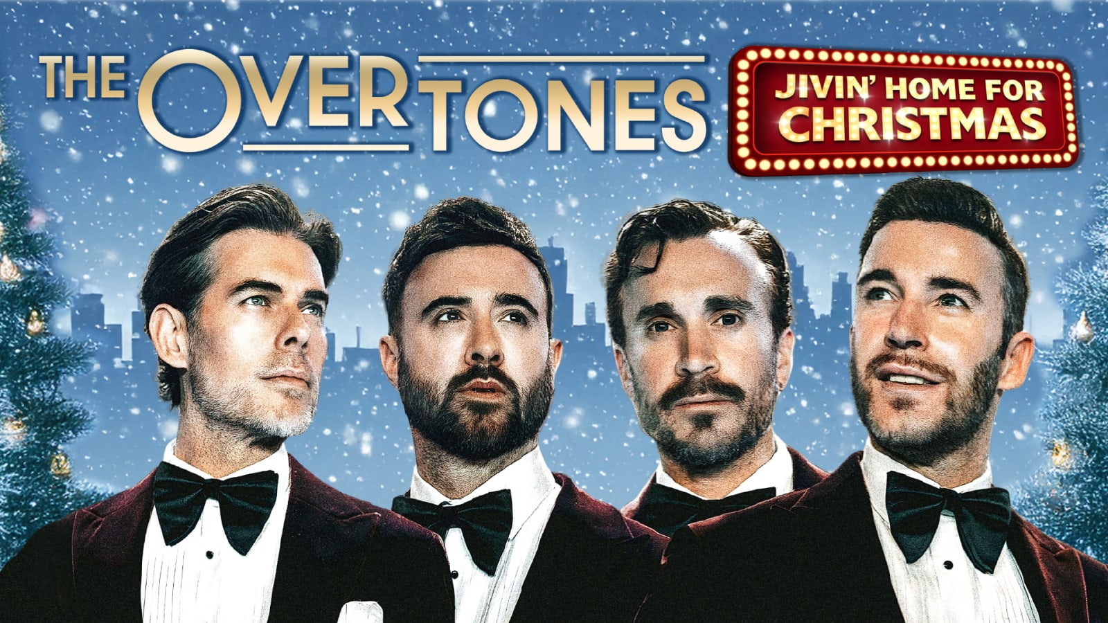 Promotional artwork showing four men in dark-red velvet tuxedos against a snowy blue cityscape with Christmas trees.