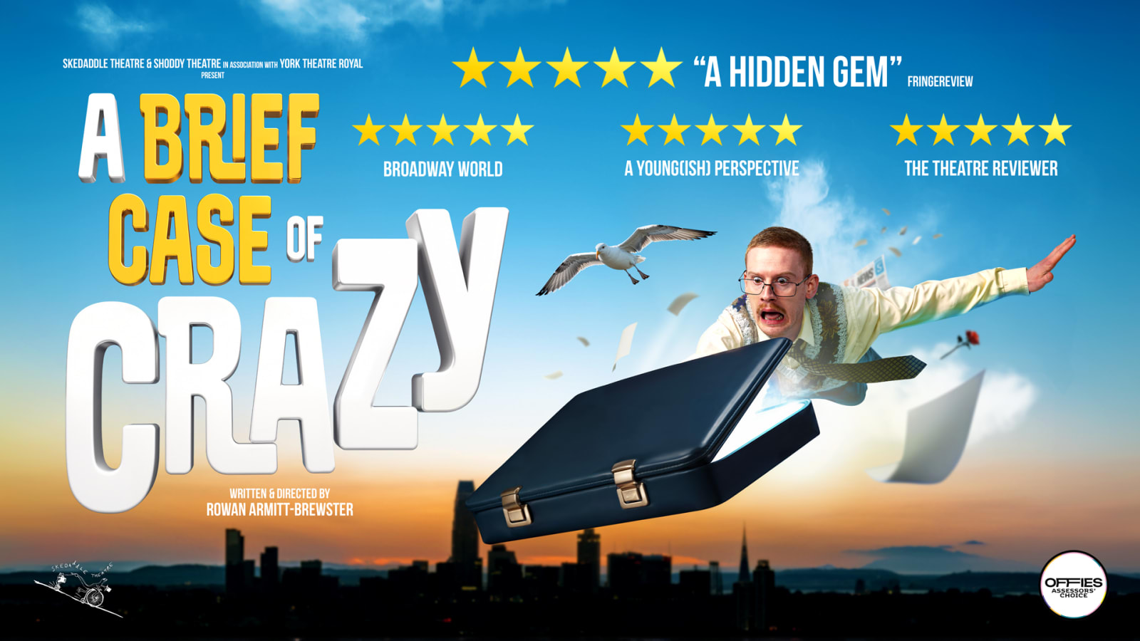 Promotional poster for A Brief Case of Crazy showing bold yellow and white title lettering and five-star review quotes.