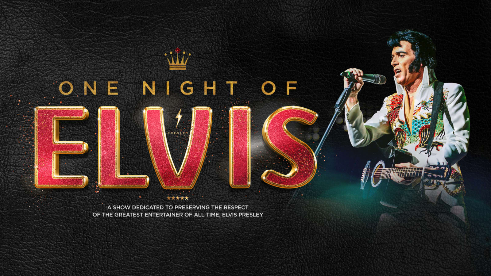 Promotional artwork reading One Night of Elvis in red glittered letters with a figure in a white jumpsuit holding a guitar.