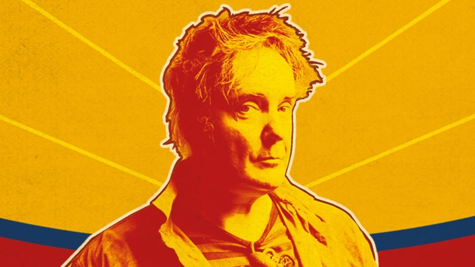 Red and yellow duotone portrait of a dishevelled figure with tousled hair against an amber background with radiating pale yellow lines and a blue and red stripe along the bottom edge.