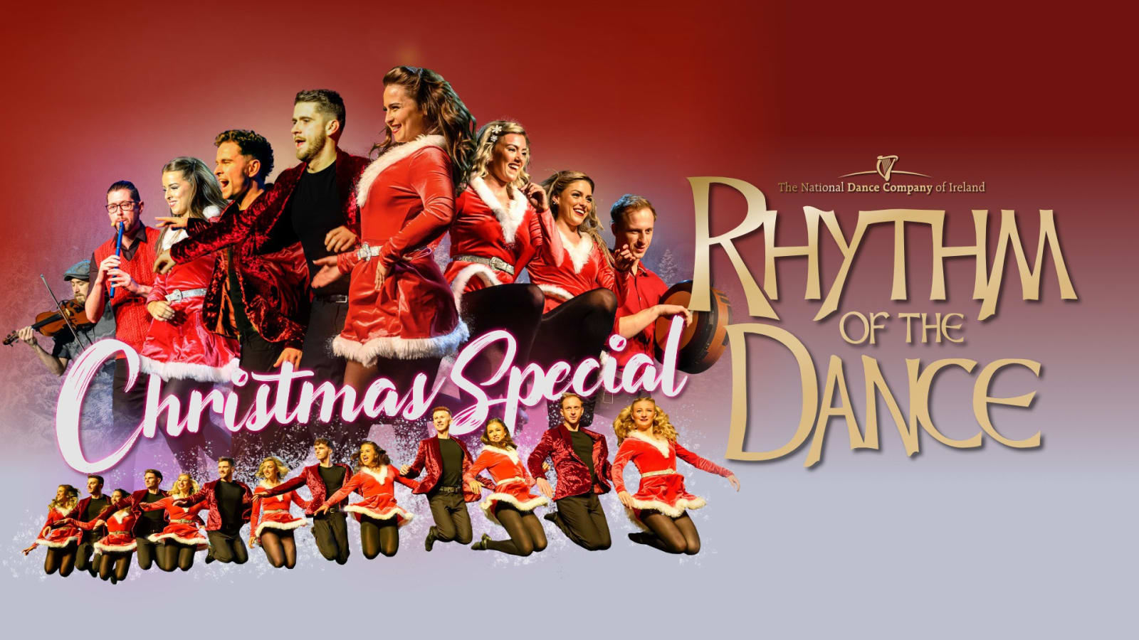 Promotional artwork on a red-to-grey gradient showing an ensemble of dancers in red velvet and black costumes leaping and posing, with gold text reading Rhythm of the Dance Christmas Special.