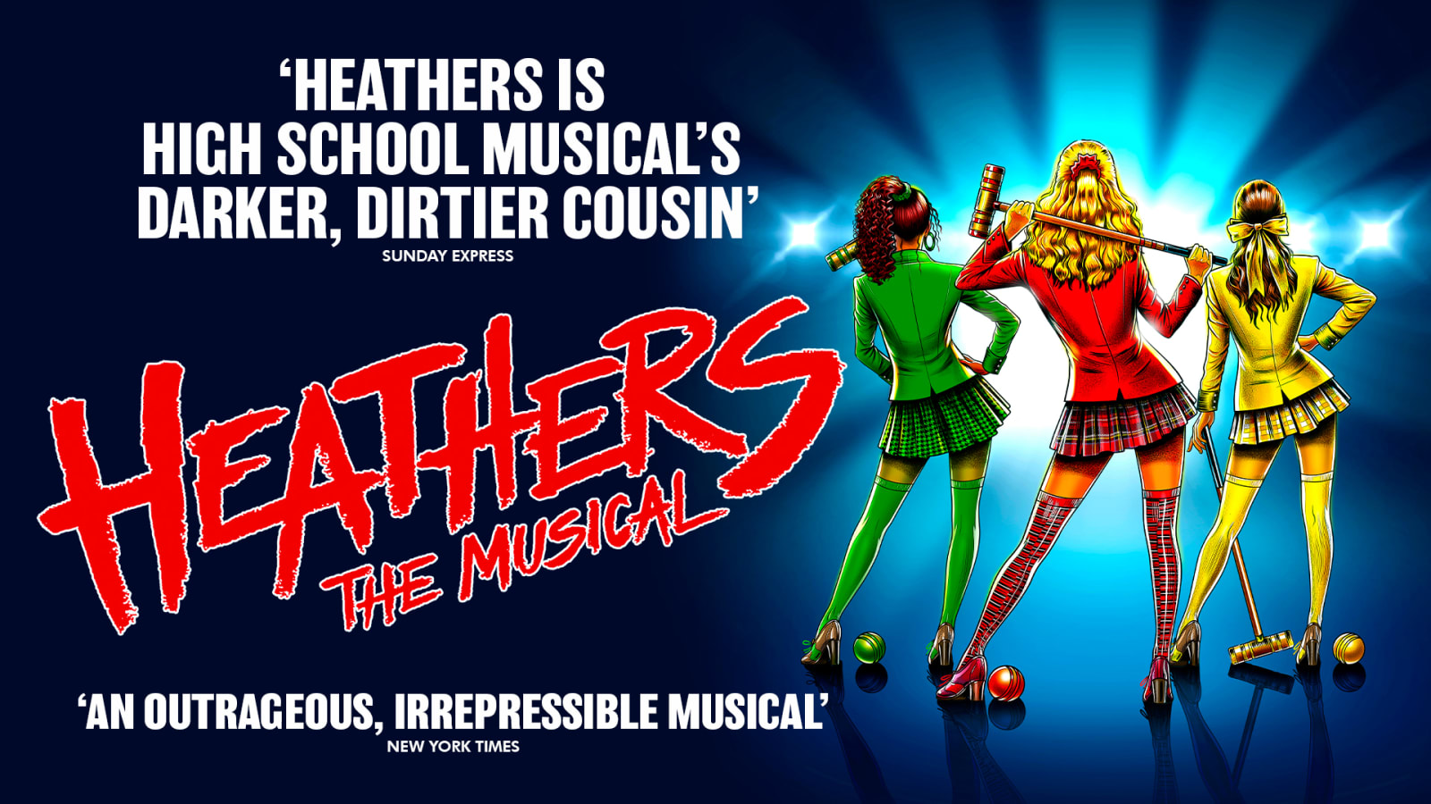 Official poster for Heathers the Musical with the title in large red graffiti-style lettering and three illustrated figures in colour-coded outfits against blue spotlight rays on a dark navy background.