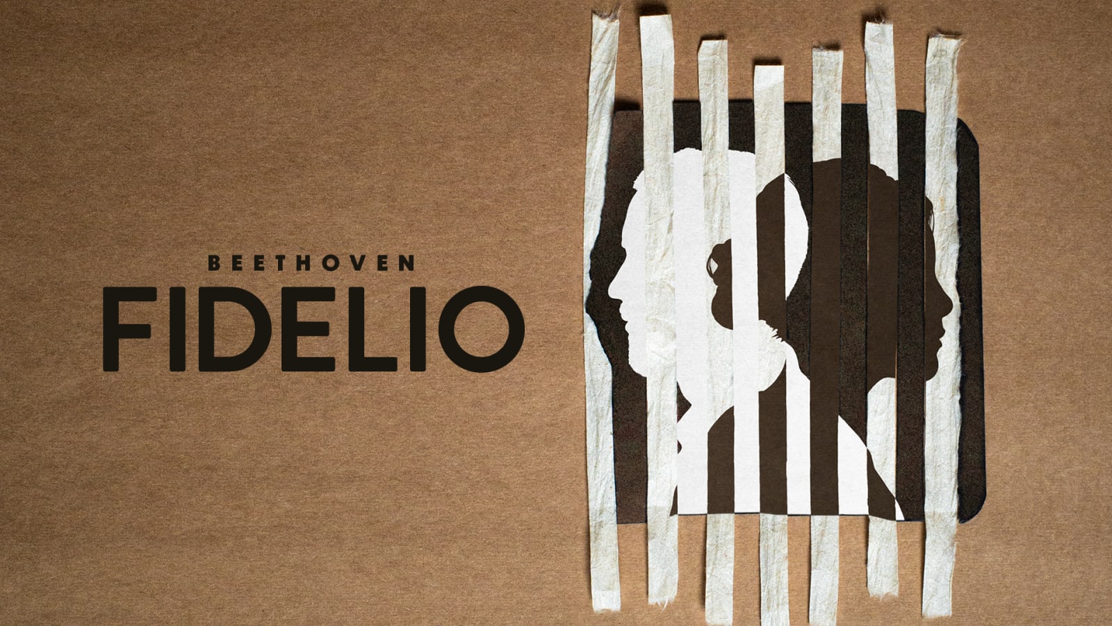 Promotional artwork with bold black text reading 'BEETHOVEN FIDELIO' on a tan background beside a paper-cut collage of two silhouettes divided by vertical torn-paper strips.