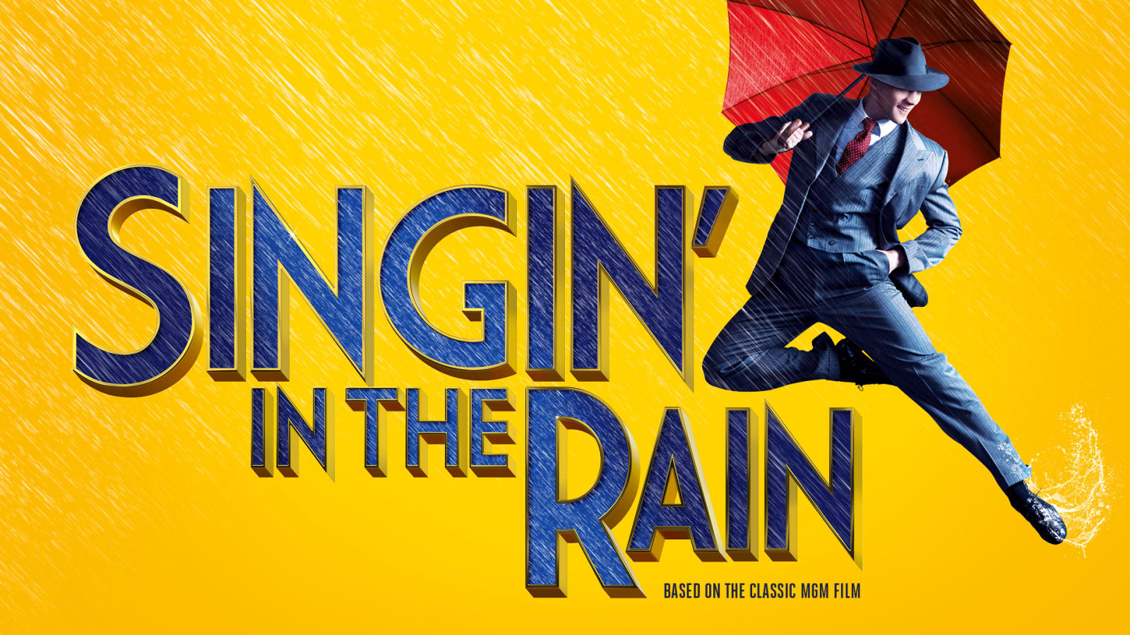 Promotional poster with bold blue and gold lettering reading 'SINGIN' IN THE RAIN, Based on the Classic MGM Film' on a yellow rainy background.