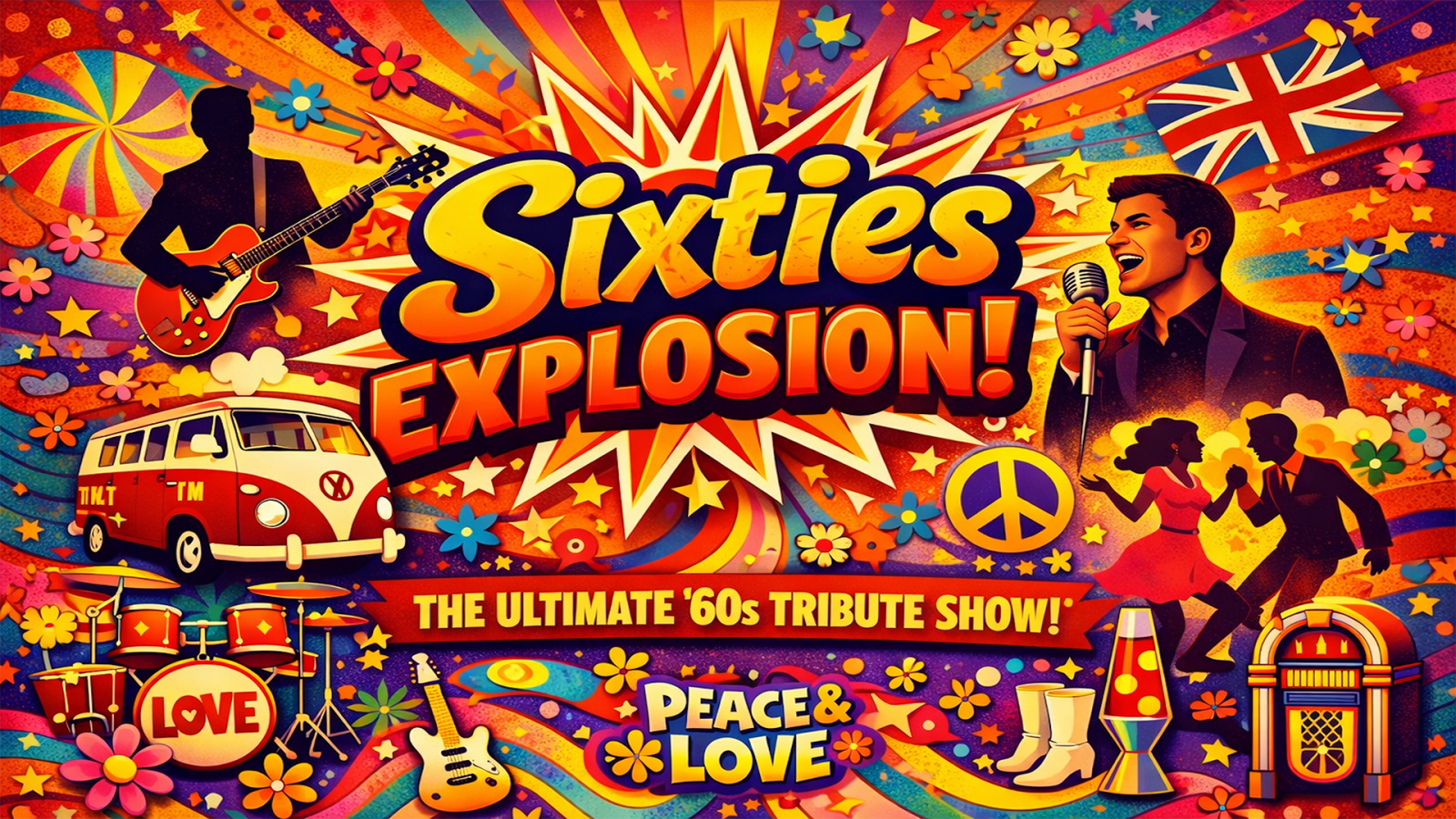 Promotional poster reading Sixties Explosion! in bold yellow and orange lettering on a psychedelic background with silhouettes of dancers, a camper van and a jukebox.