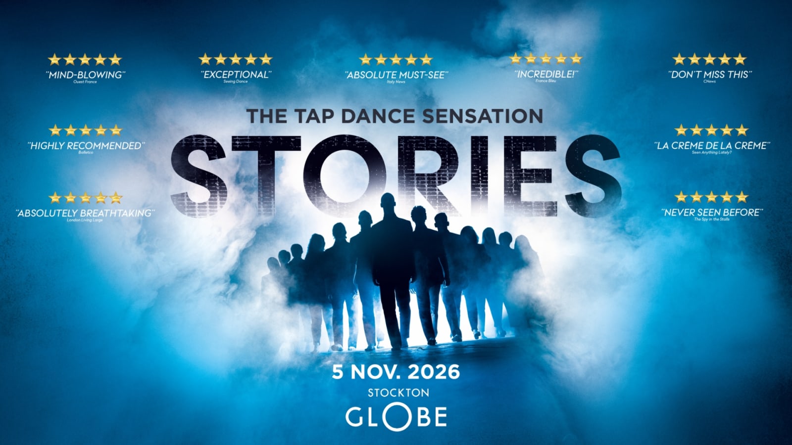 Promotional poster for Stories – The Tap Dance Sensation showing silhouetted figures in blue mist, with the date 5 Nov. 2026 and Stockton Globe beneath large bold title lettering