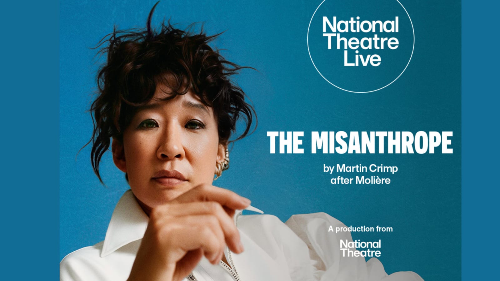 Promotional image on a teal background showing a person in a white shirt with short dark hair, hands clasped, alongside the text 'National Theatre Live, The Misanthrope by Martin Crimp after Molière'.