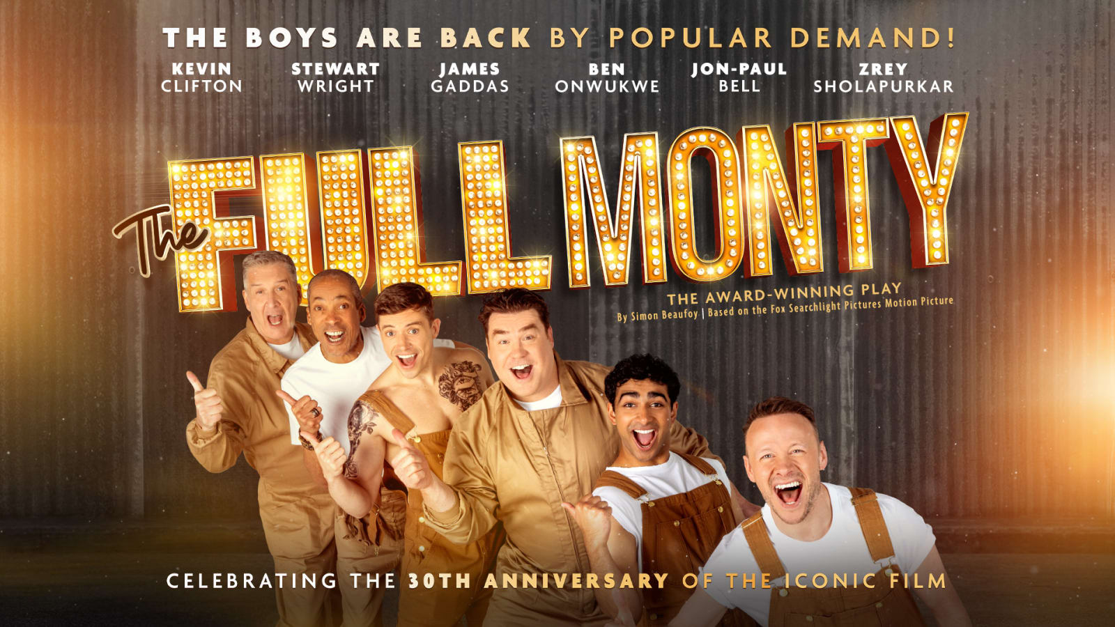 Promotional poster for The Full Monty with gold marquee-bulb lettering and cast names including Kevin Clifton and James Gaddas.