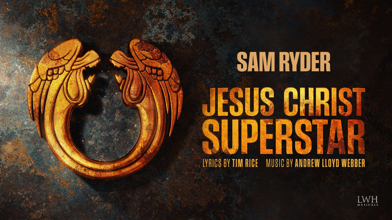Promotional artwork showing a gold circular winged emblem on a dark background with the show title, songwriter credits and producer logo in amber and gold lettering.