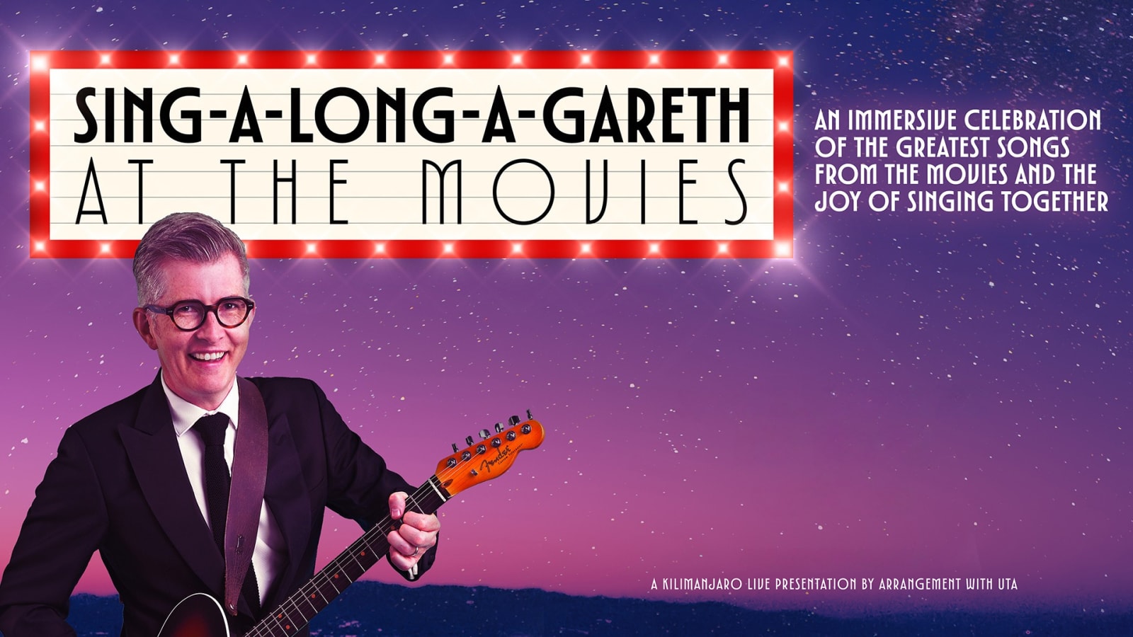 Promotional poster reading 'SING-A-LONG-A-GARETH AT THE MOVIES' in bold lettering within a red marquee-bulb border, with a man holding an orange Fender guitar against a purple dusk sky.