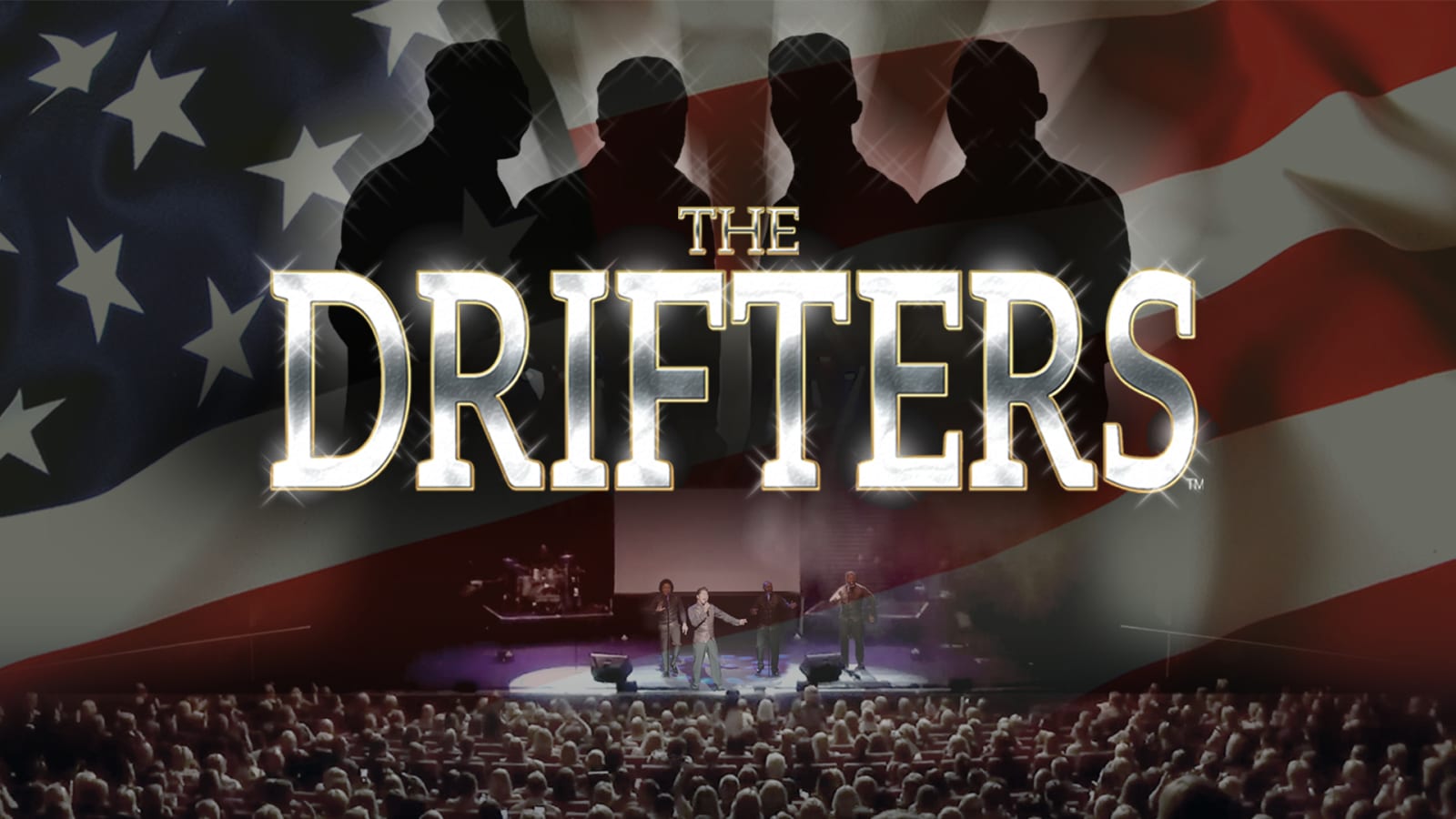Promotional graphic showing the title The Drifters in large silver lettering over silhouetted figures and a concert stage image.