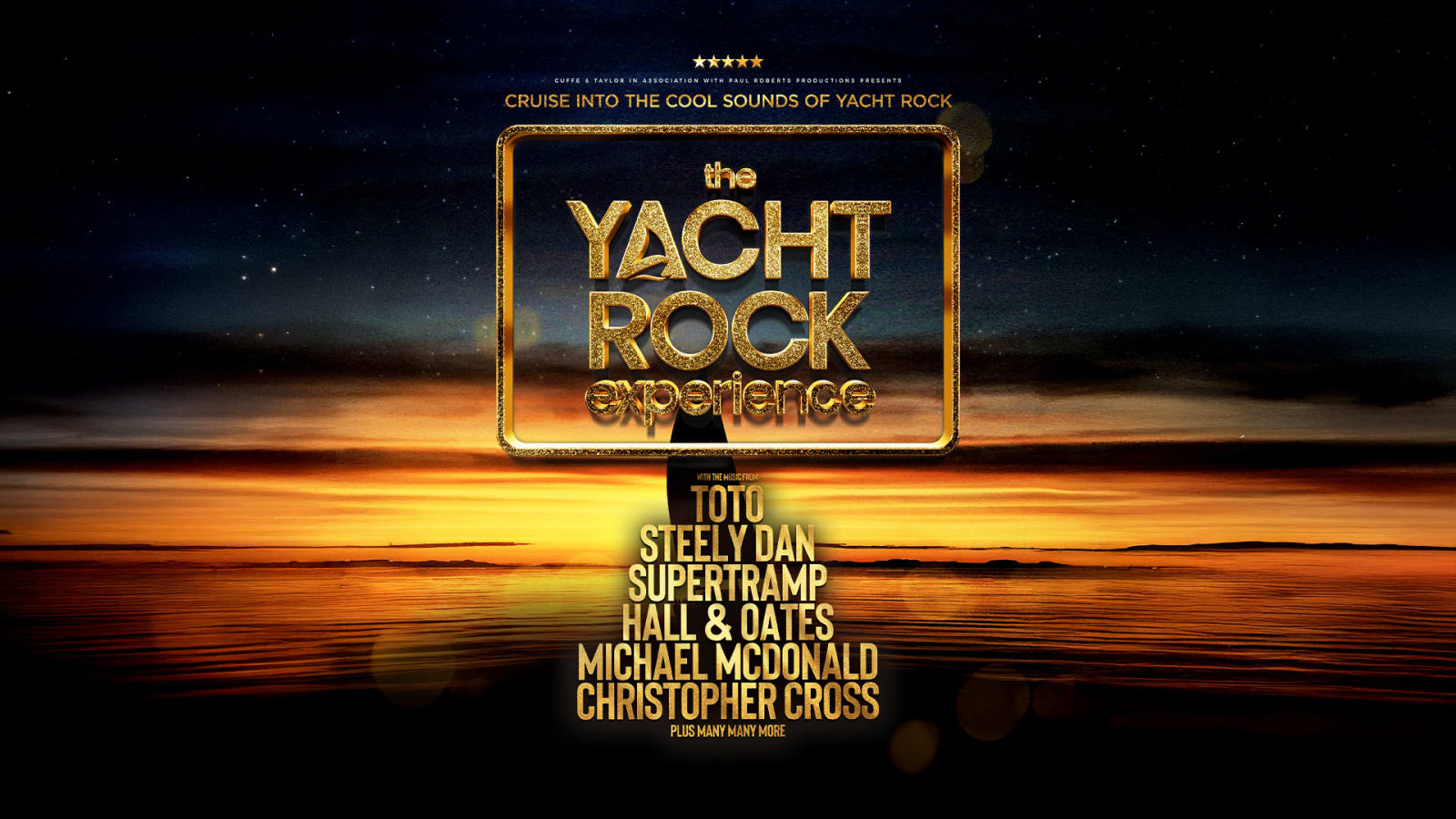 Promotional poster for The Yacht Rock Experience showing the title in gold lettering against a sunset seascape, with artist names listed beneath in white text.