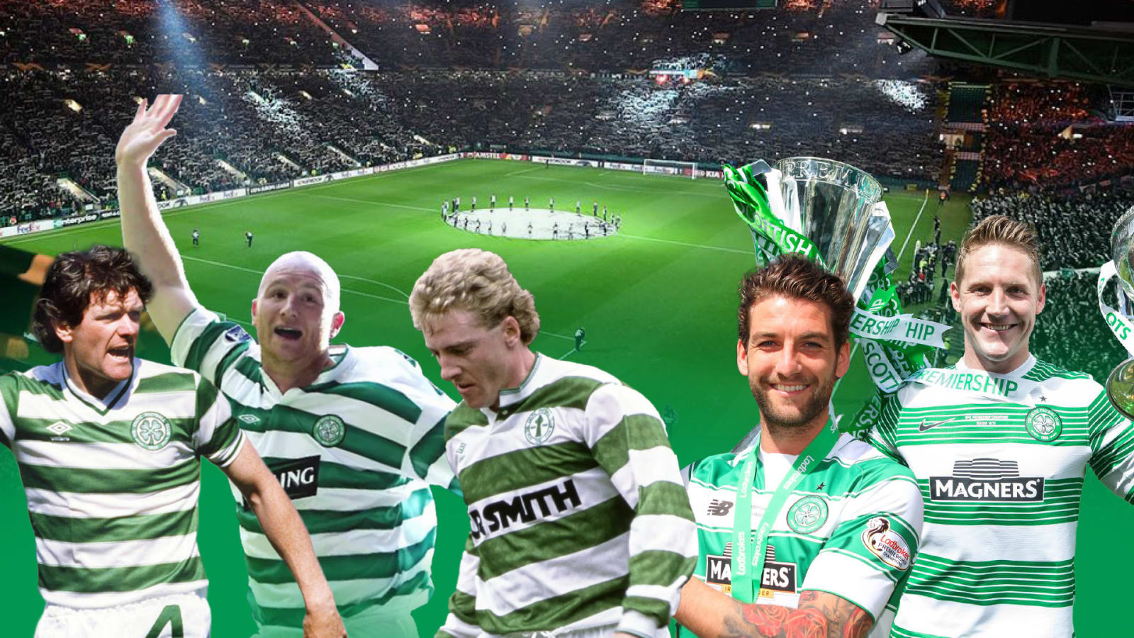 Five men in green and white hooped Celtic shirts arranged against a backdrop of a packed floodlit stadium; two on the right hold a large silver trophy.