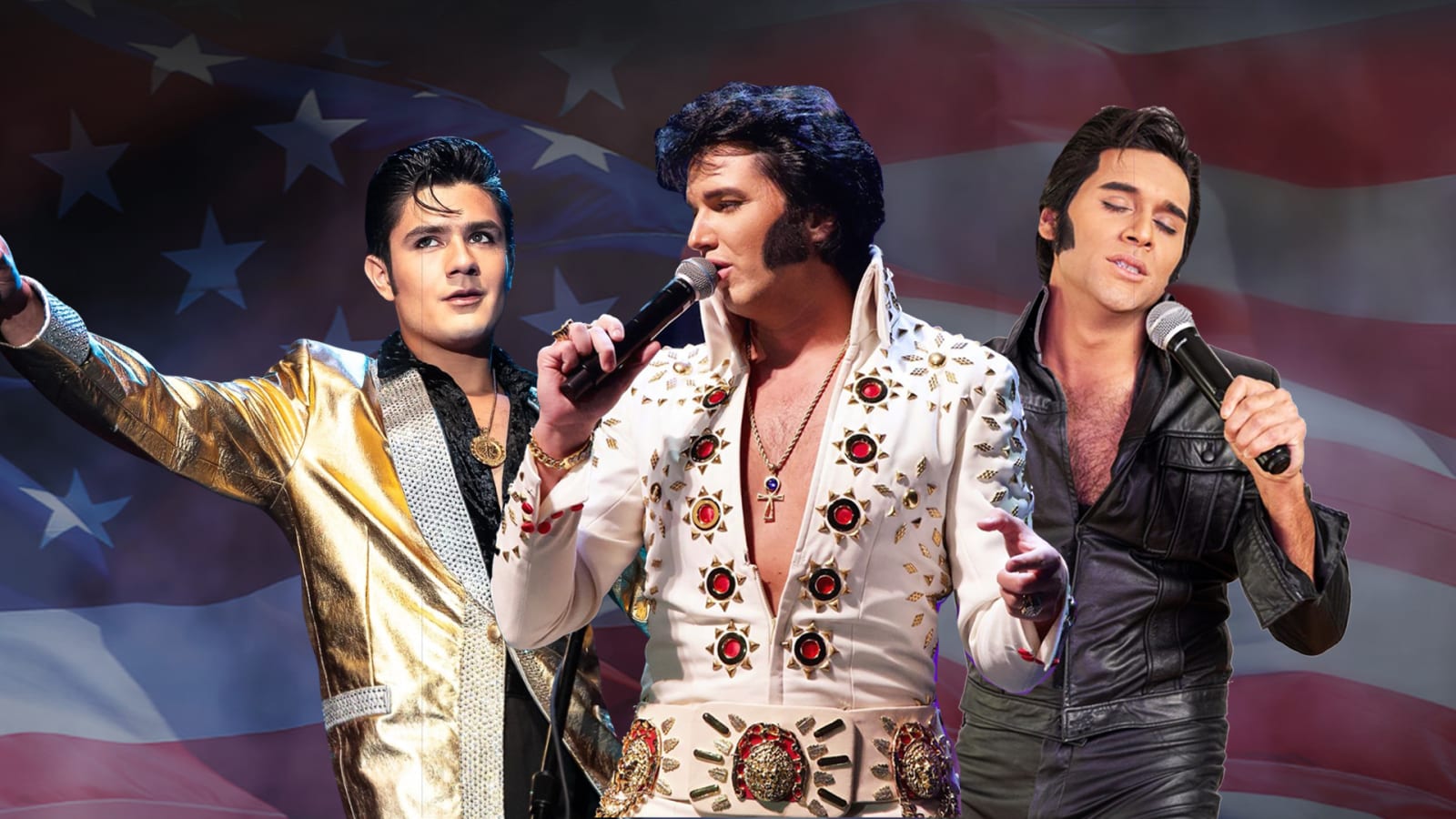 Three male performers in Elvis-style costumes against a large American flag backdrop: left in a gold lamé jacket with arm outstretched, centre in a white jewelled jumpsuit holding a microphone.