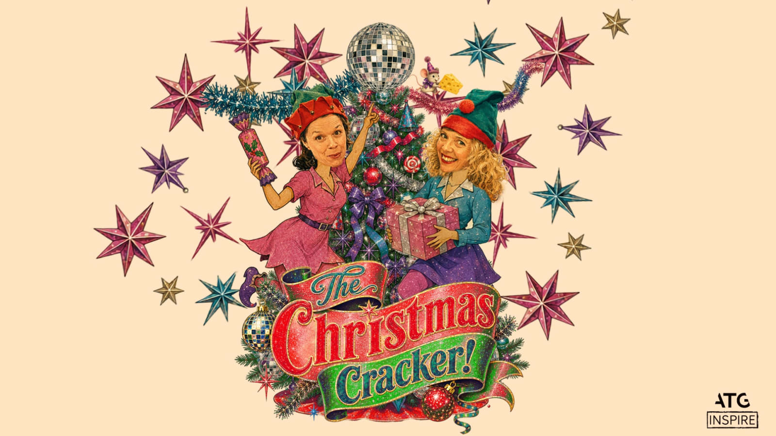 Illustrated promotional poster for The Christmas Cracker showing two elf-costumed figures beside a decorated Christmas tree with a disco ball on top and glittery title lettering.