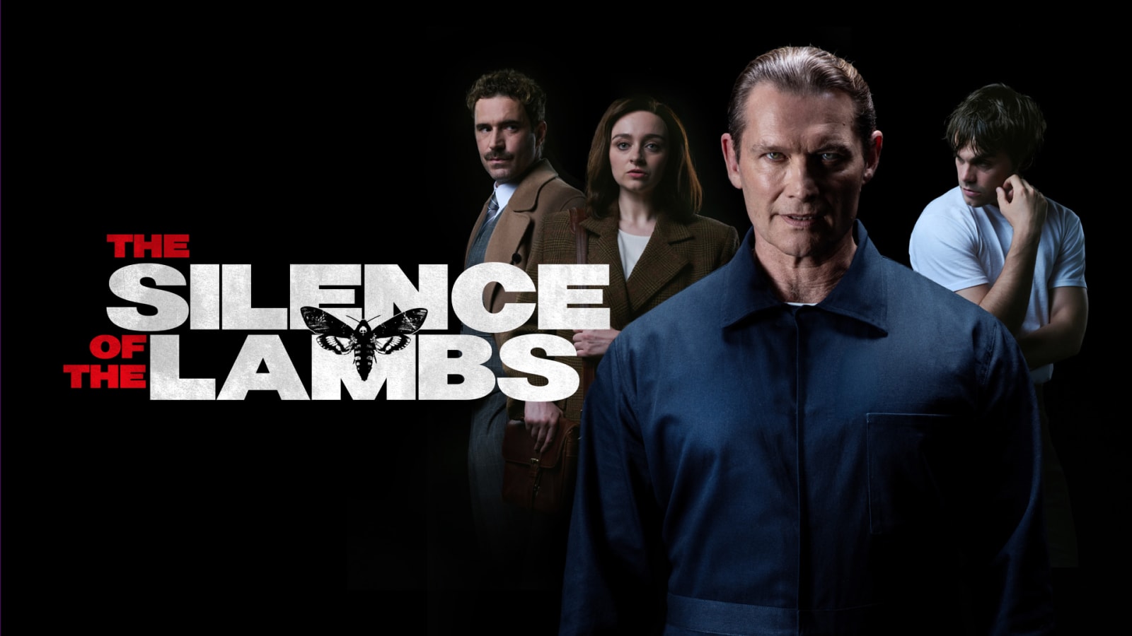 Promotional image for The Silence of the Lambs with bold white and red title lettering featuring a death's-head moth, set against a black background with four figures.