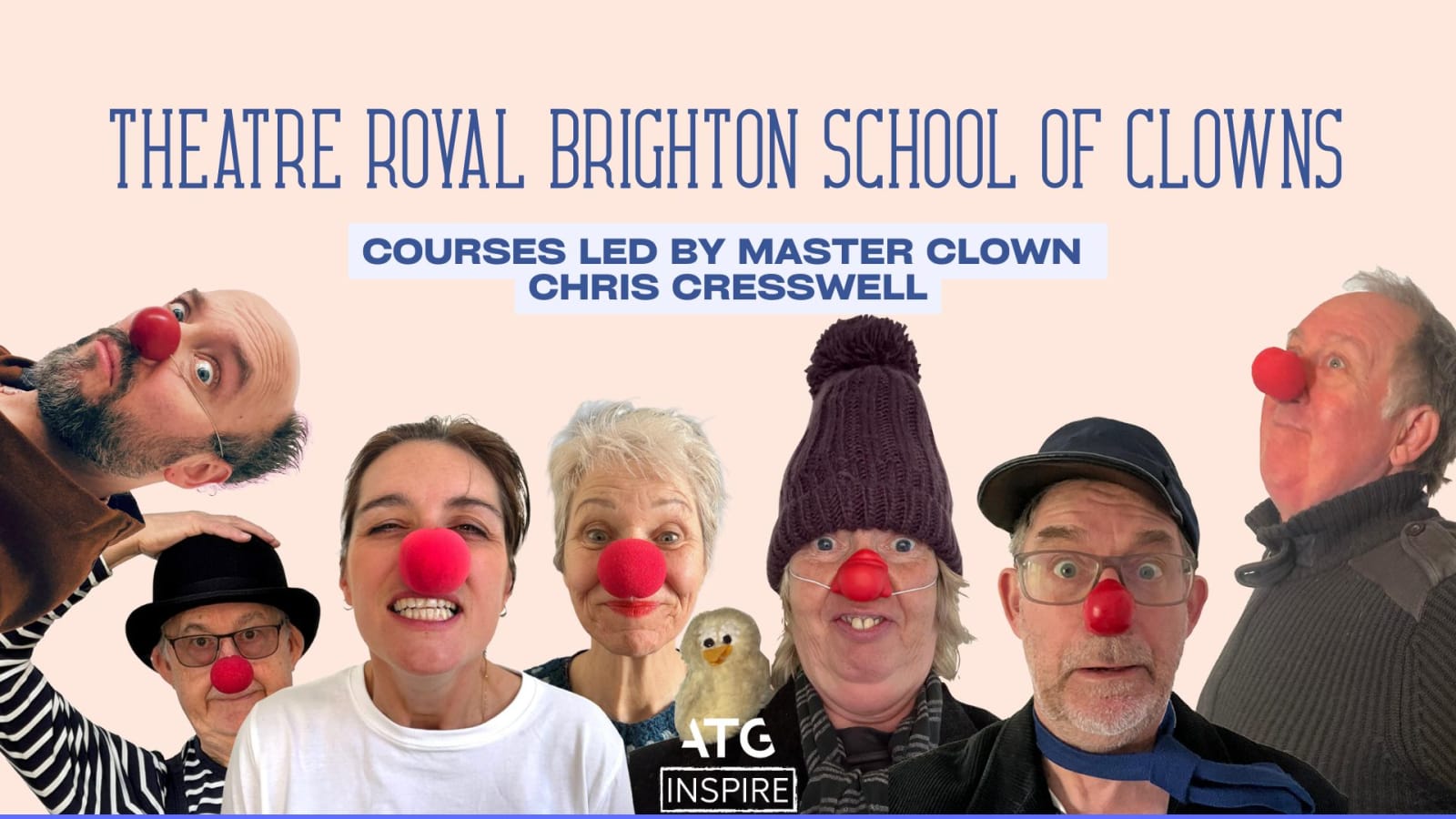 Promotional banner reading 'Theatre Royal Brighton School of Clowns, Courses Led by Master Clown Chris Cresswell' on a pale pink background.