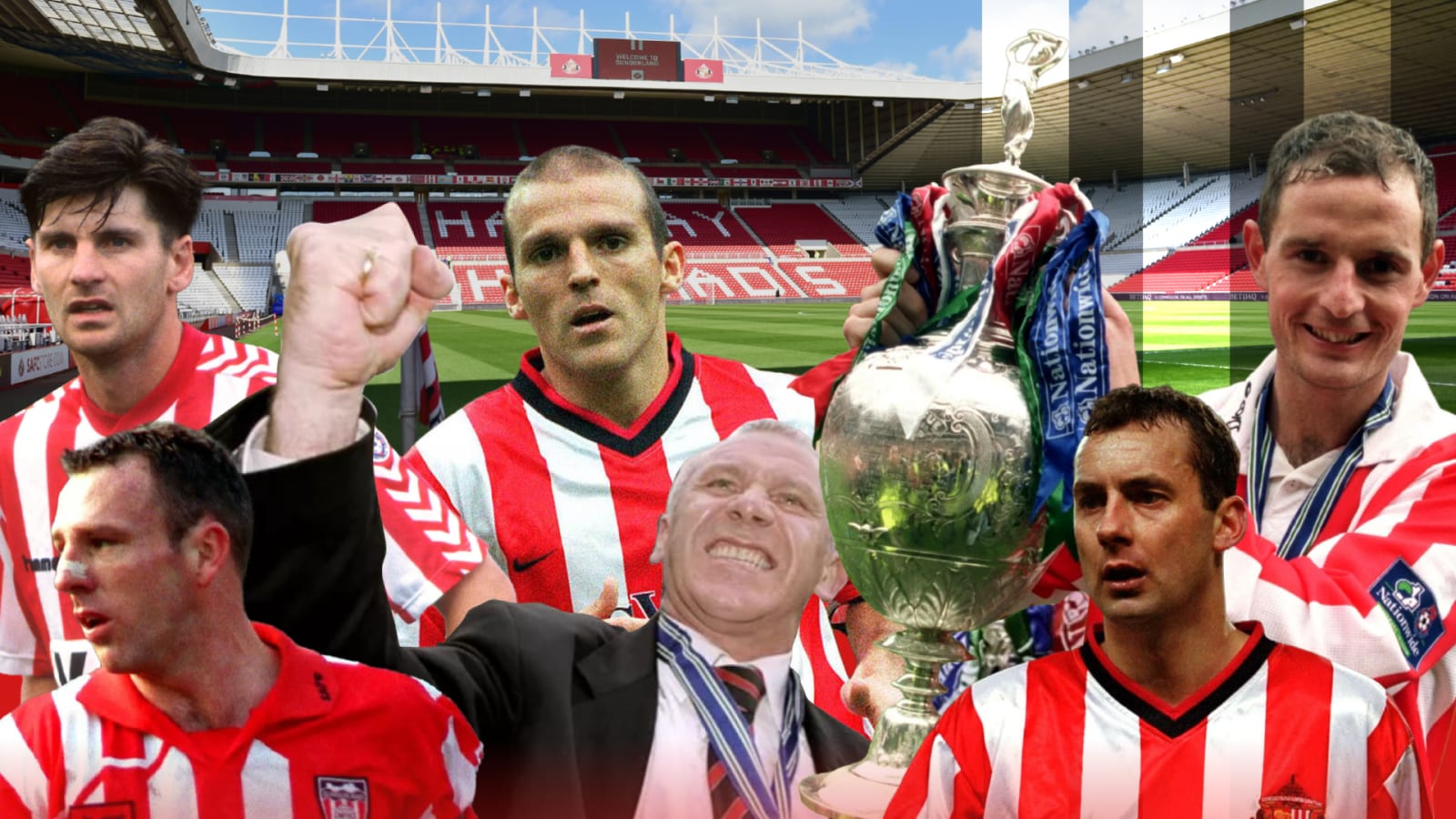 Six men in red-and-white Sunderland AFC strips and one in a dark suit holding a large silver trophy, composited against a stadium backdrop with red seating.