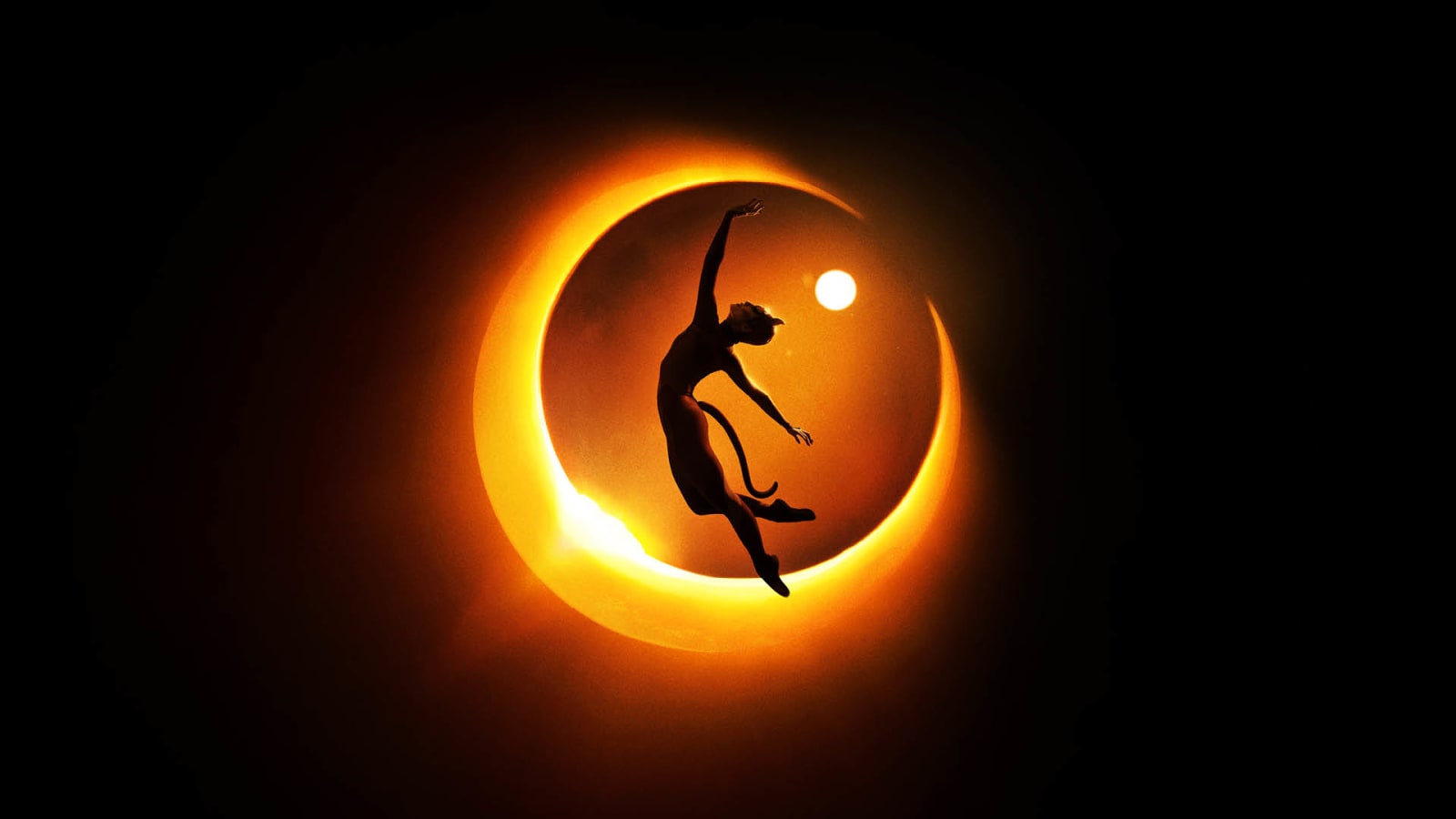 Silhouette of a leaping figure with a tail, arms outstretched, set against a glowing amber and orange annular eclipse on a black background