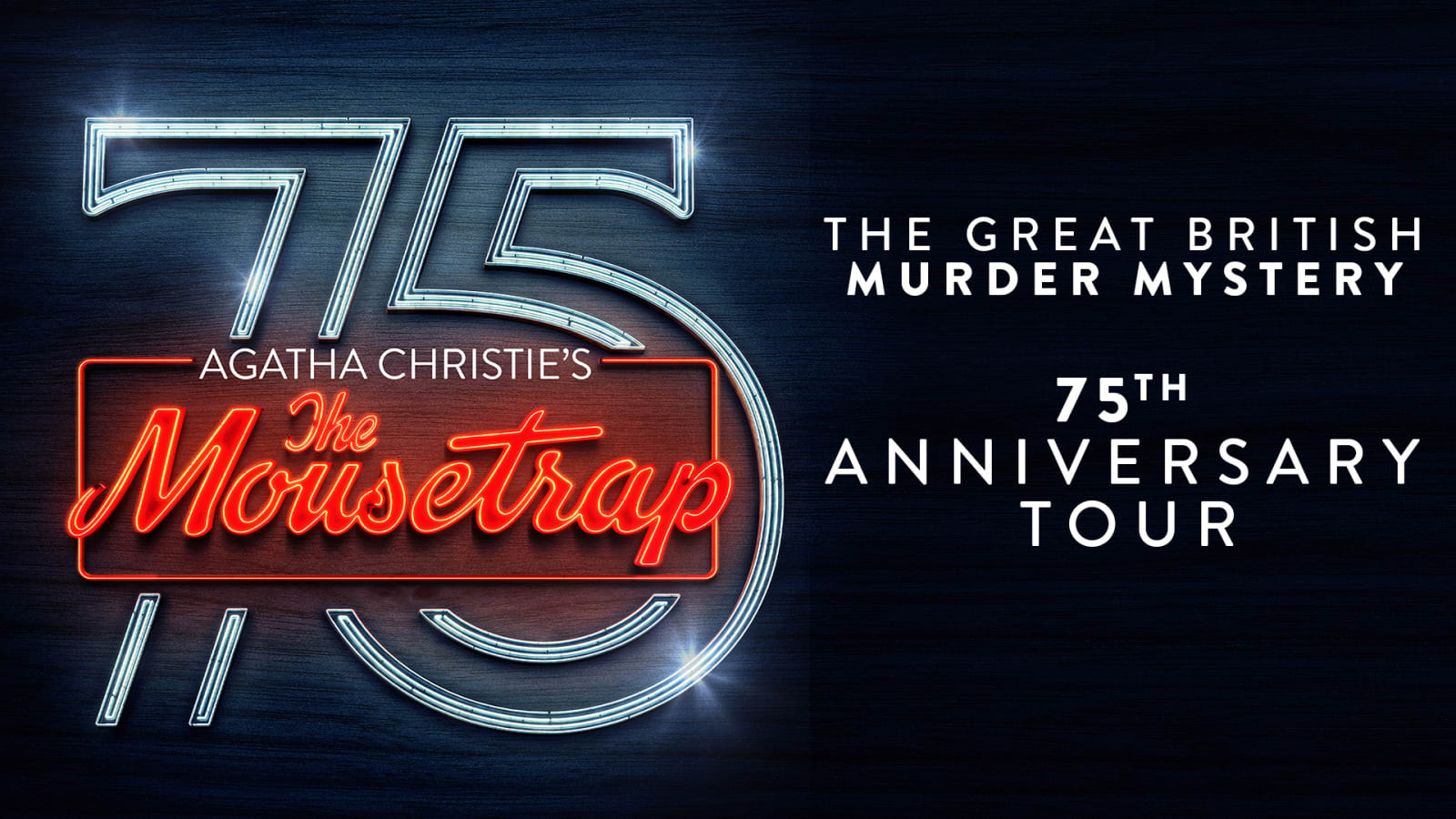 Dark blue graphic with illuminated neon 75 and red neon lettering reading Agatha Christie's The Mousetrap, with white text reading The Great British Murder Mystery 75th Anniversary Tour.