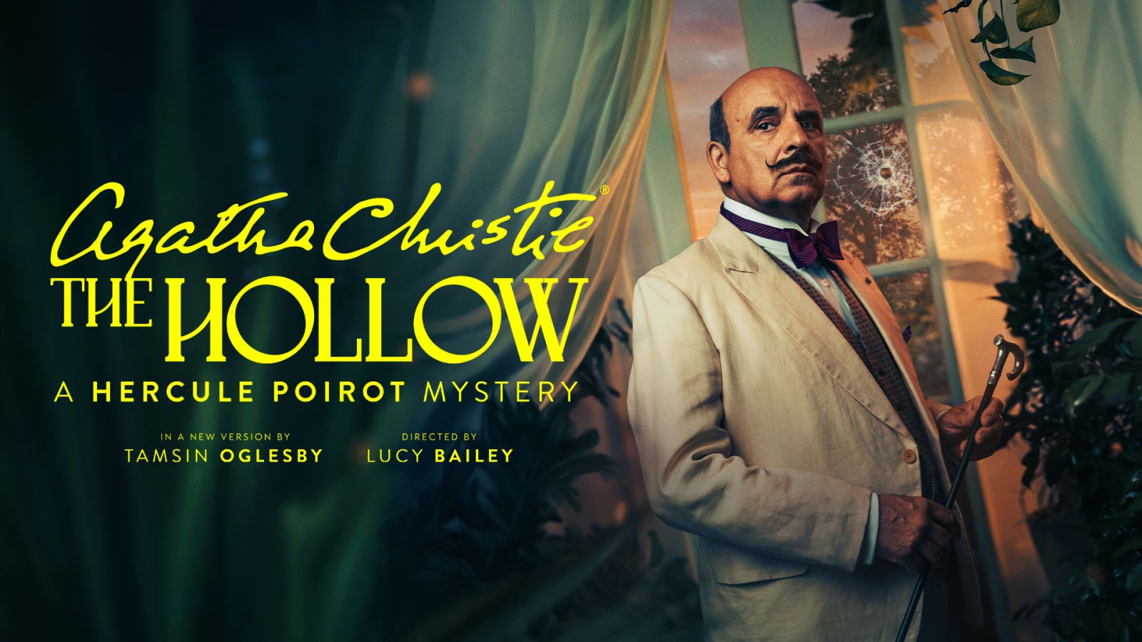 Promotional artwork with handwritten yellow title text reading Agatha Christie The Hollow – A Hercule Poirot Mystery, showing a man in a cream suit with a cane before a cracked window.