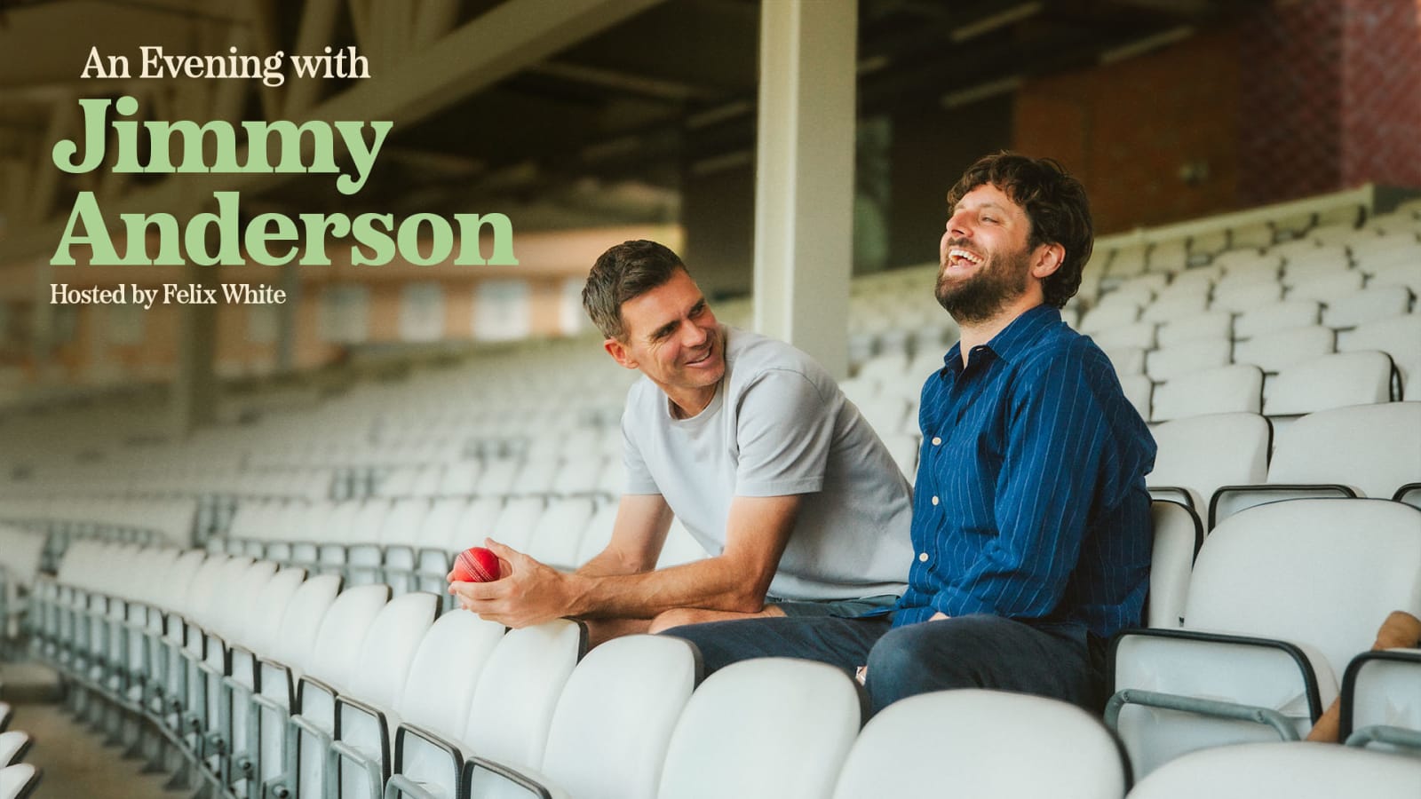Promotional image reading 'An Evening with Jimmy Anderson – Hosted by Felix White' in green serif type over a photograph of two men seated in a stadium.