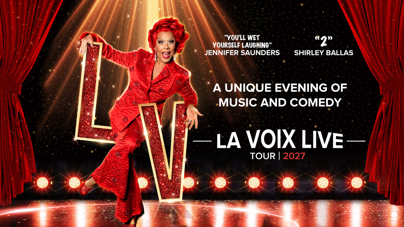 Promotional poster for La Voix Live Tour 2027 showing a performer in a red sequinned suit beside glittering LV letters under a golden spotlight.