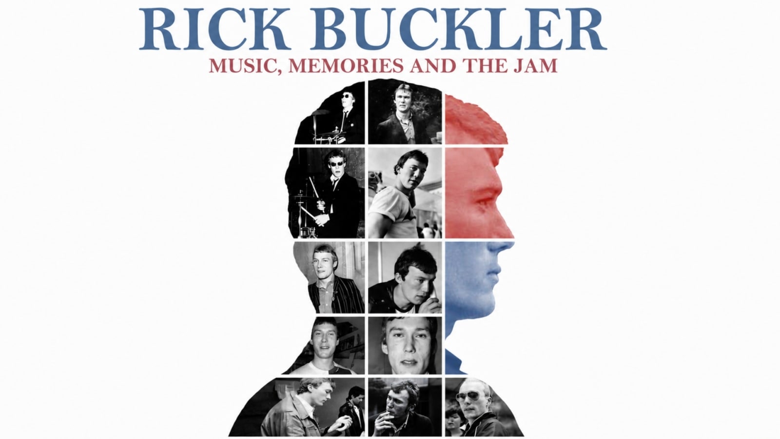 Promotional artwork reading 'Rick Buckler – Music, Memories and The Jam' in blue and red text above a silhouette filled with black-and-white photographs.