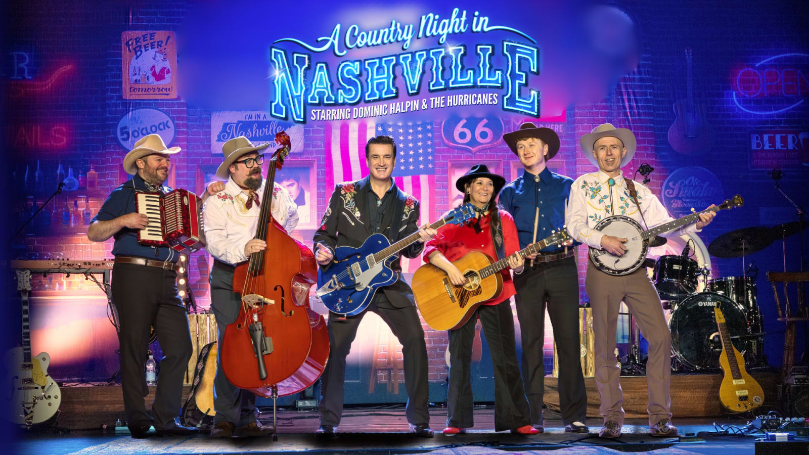 Promotional image reading 'A Country Night in Nashville starring Dominic Halpin & The Hurricanes' with performers on a neon-lit stage.