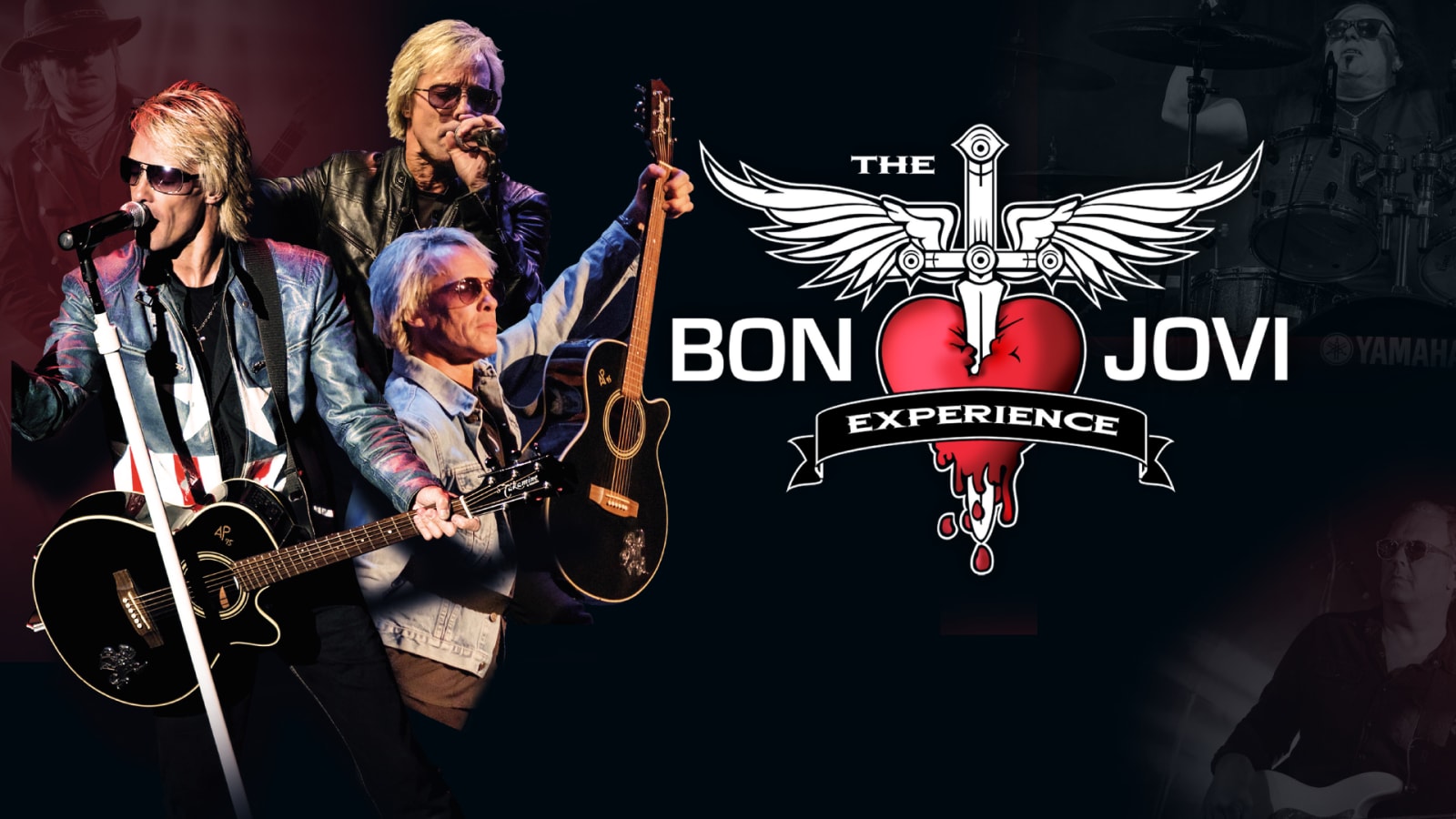 Promotional artwork showing three stage performers with guitars against a dark background alongside The Bon Jovi Experience logo featuring a winged dagger and a red dripping heart
