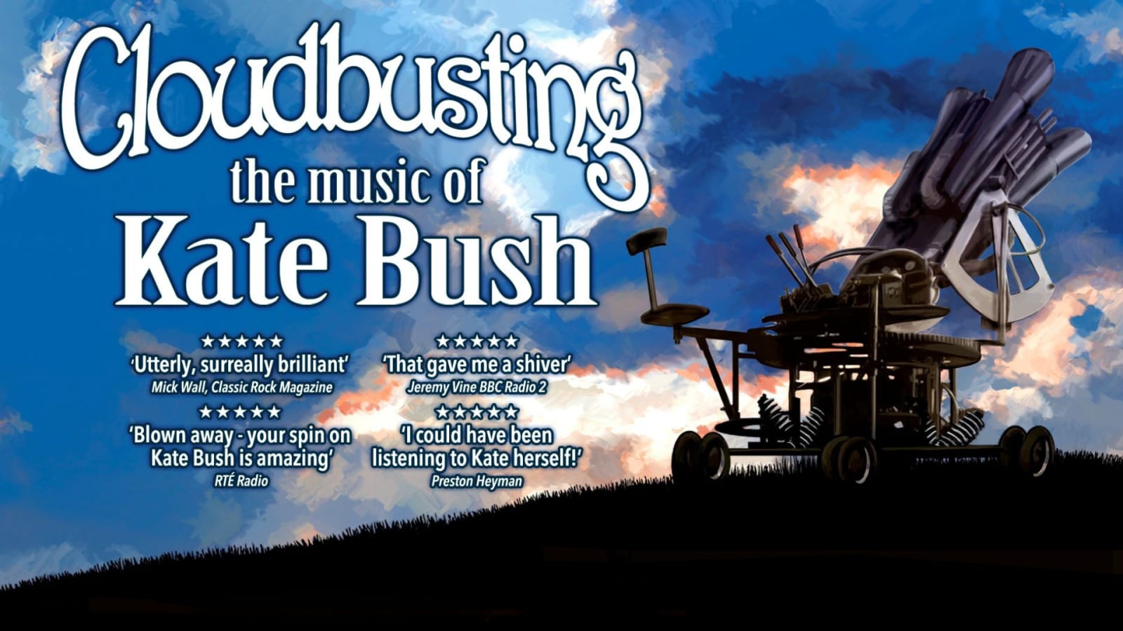 Promotional poster reading 'Cloudbusting the music of Kate Bush' in white lettering against a blue and orange sky.