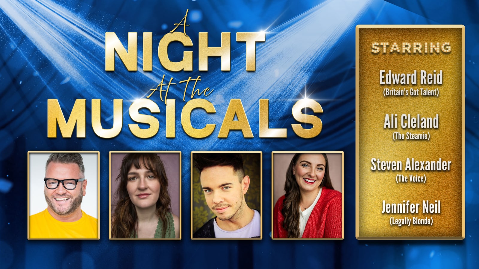 Promotional graphic for A Night at the Musicals in gold and blue lettering with four gold-framed headshots of the advertised cast members.