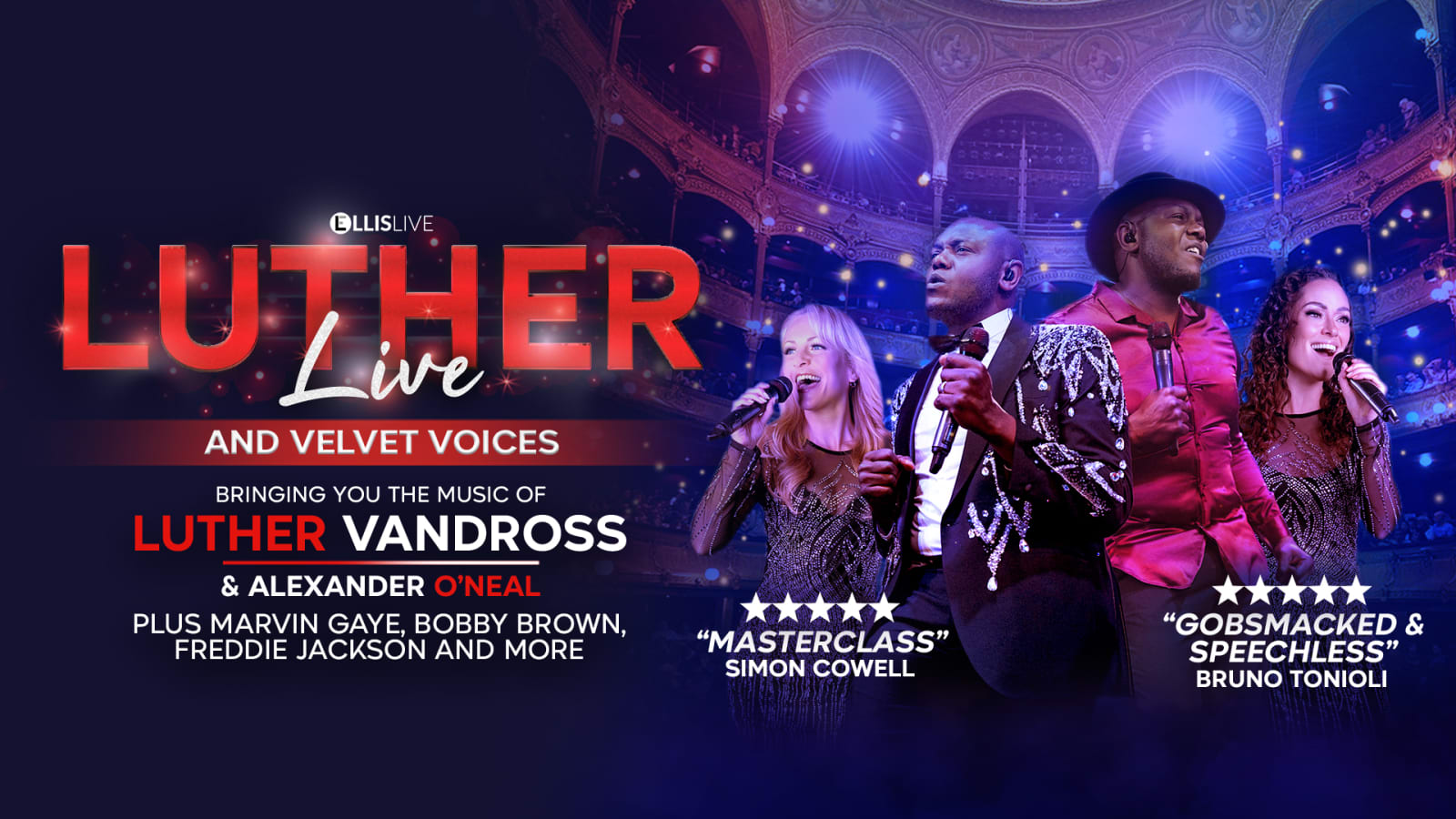 Promotional poster for Luther Live and Velvet Voices showing four performers singing against a blue-lit ornate theatre interior with bold red title lettering.