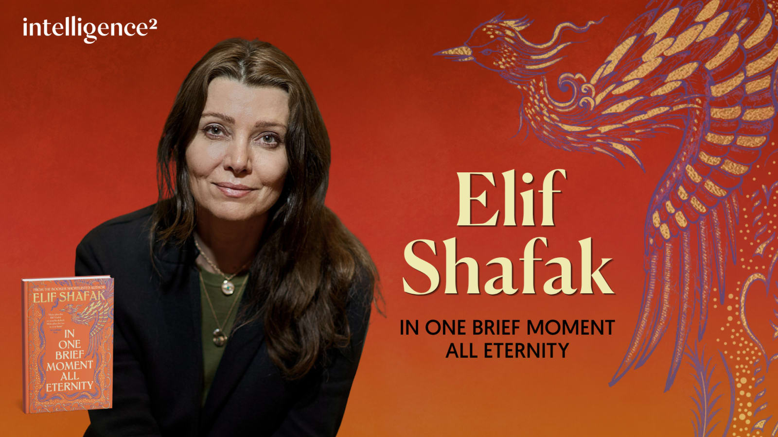Orange-red promotional graphic showing a person in a black blazer holding a book beside a phoenix illustration, with the event title and intelligence² logo.