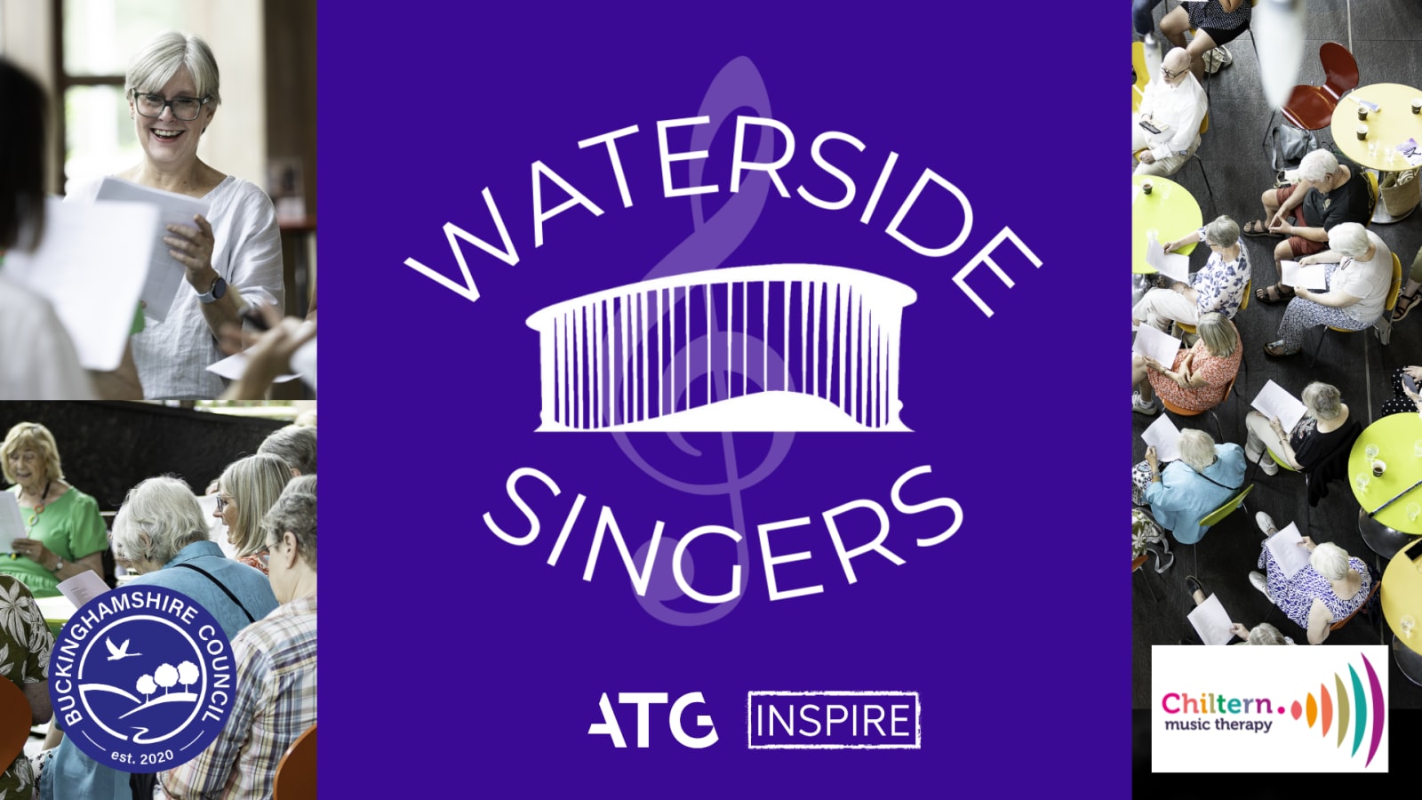 Promotional graphic with a purple panel showing the text Waterside Singers above a treble clef and ATG INSPIRE logos, with photographs of adults singing and the Buckinghamshire Council and Chiltern Music Therapy logos.