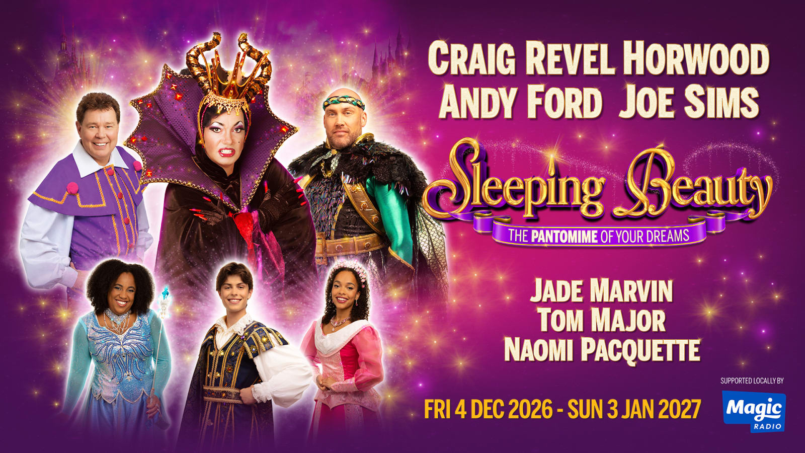 Sleeping Beauty poster showing six costumed performers on a sparkling purple backdrop, with the Bristol Hippodrome title and cast names.