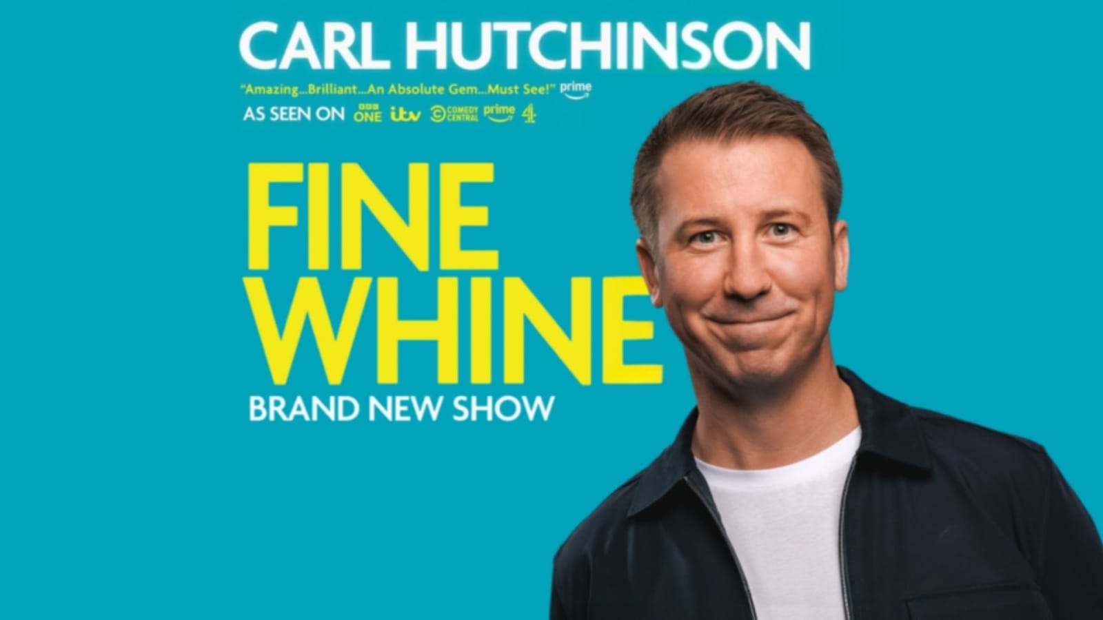 Turquoise promotional banner with bold yellow text reading Fine Whine, white text reading Carl Hutchinson and Brand New Show, with broadcaster logos.