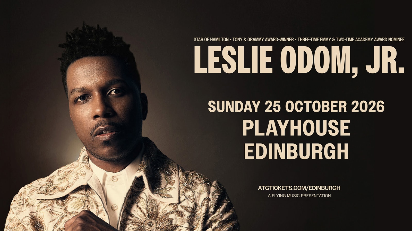 Concert promotional poster reading 'LESLIE ODOM, JR.' in large bold lettering, with 'Sunday 25 October 2026, Playhouse Edinburgh' below, against a dark background. The figure wears an ornate gold floral jacket.