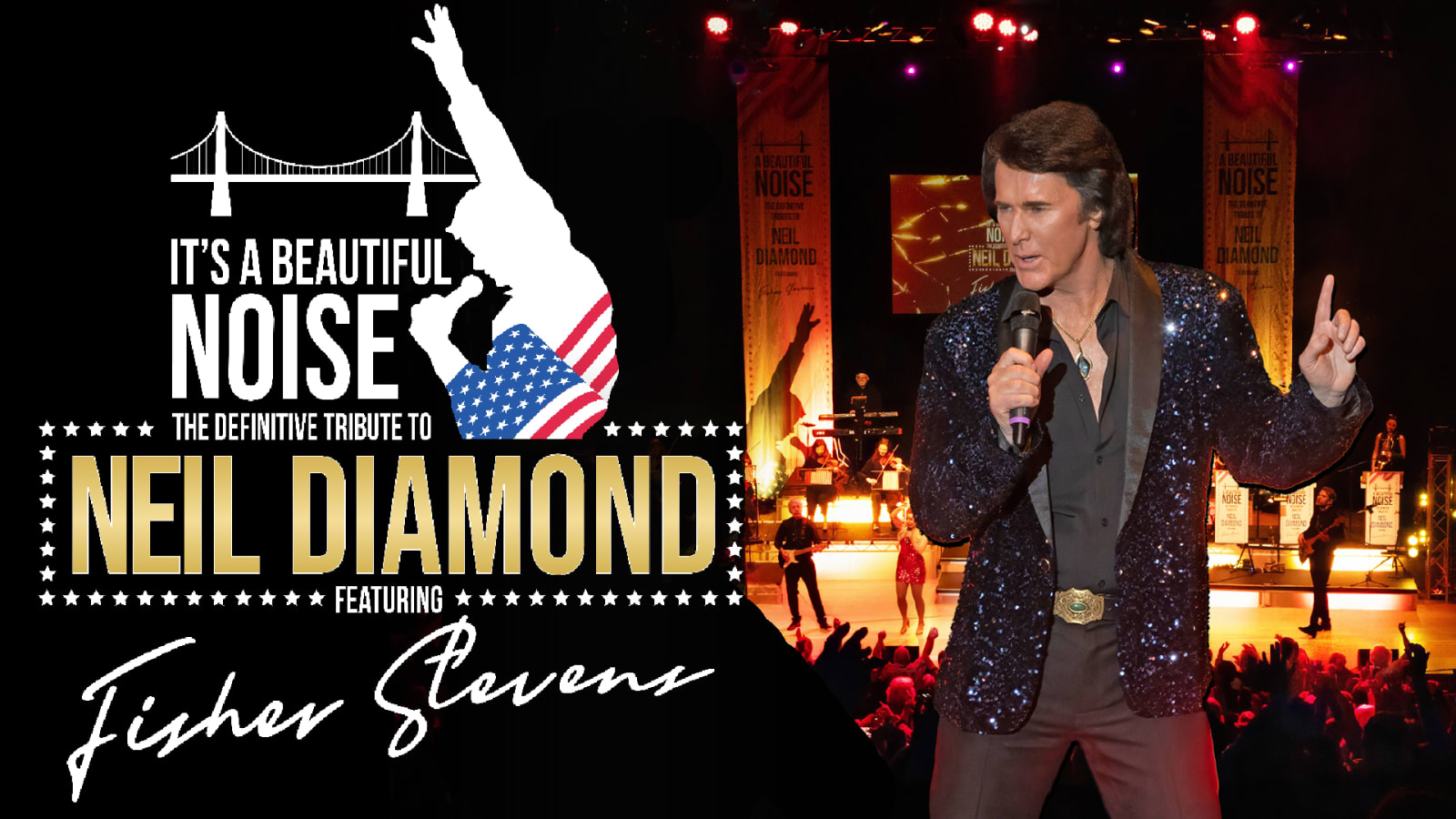 Promotional image showing the show title in gold and white lettering alongside a performer in a dark sequinned blazer holding a microphone before a warmly lit stage.