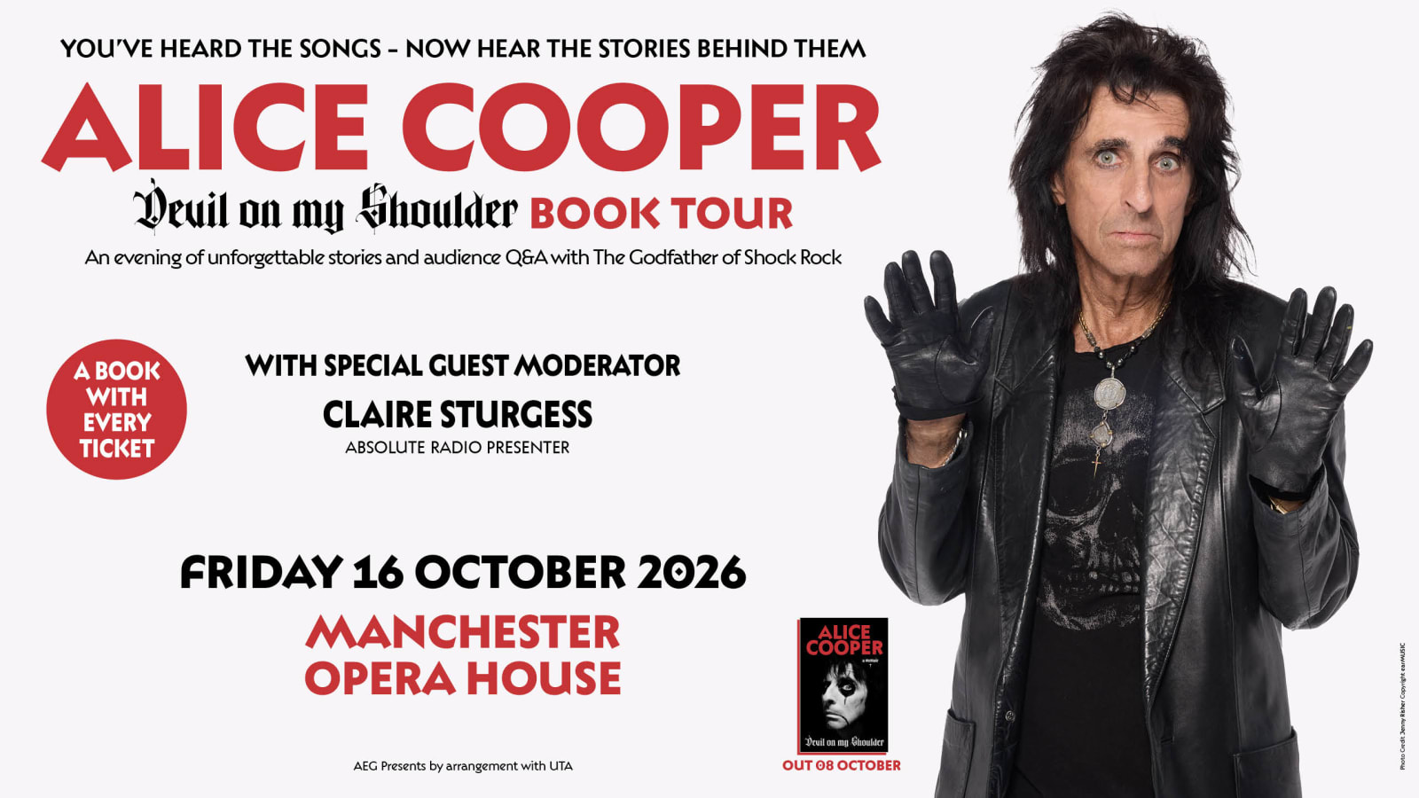 Promotional poster for Alice Cooper Devil on My Shoulder Book Tour at Manchester Opera House, featuring a figure in a black leather jacket with hands raised against a white background.