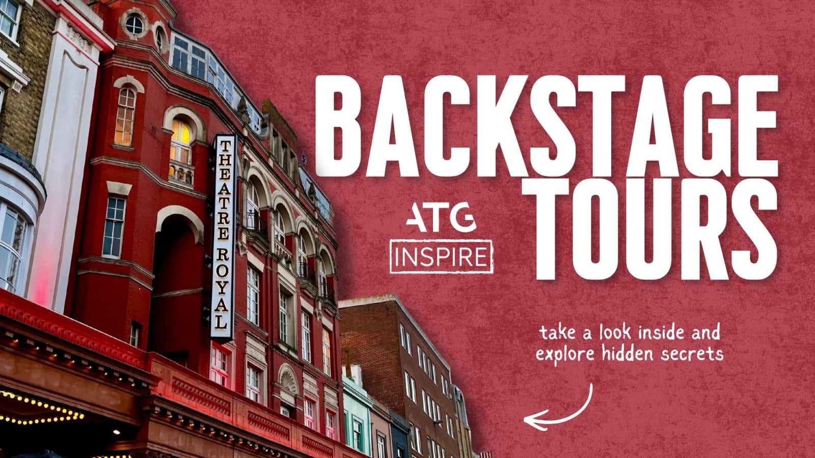 Promotional graphic showing the Theatre Royal Brighton exterior alongside bold white Backstage Tours text and the ATG Inspire logo.