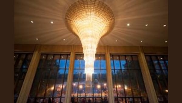 A chandelier in the Mahalia Jackson Theater foyer