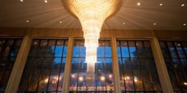 A chandelier in the Mahalia Jackson Theater foyer