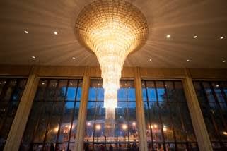A chandelier in the Mahalia Jackson Theater foyer