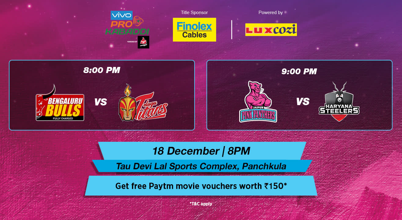 VIVO Pro Kabaddi - Bengaluru Bulls vs Telugu Titans and Jaipur Pink Panthers vs Haryana Steelers