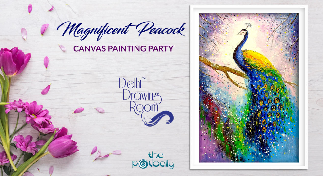 Magnificent Peacock Canvas Painting Party by Delhi Drawing Room