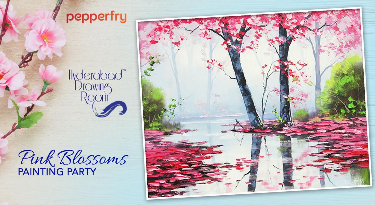 Pink Blossoms Canvas Painting Party by Hyderabad Drawing Room