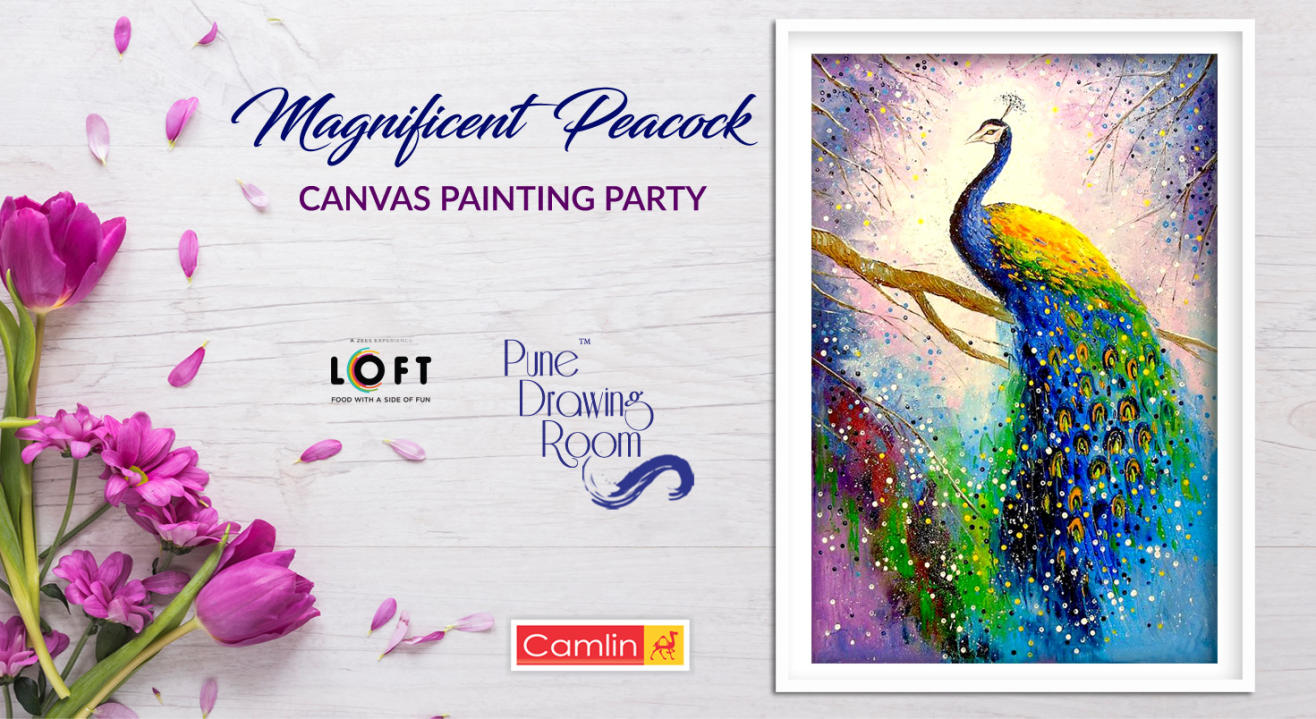 Magnificent Peacock Canvas Painting Party by Pune Drawing Room