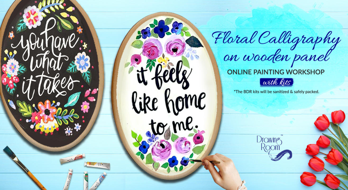 Floral Calligraphy on Wooden Panel with Home Delivered Kits by Drawing Room